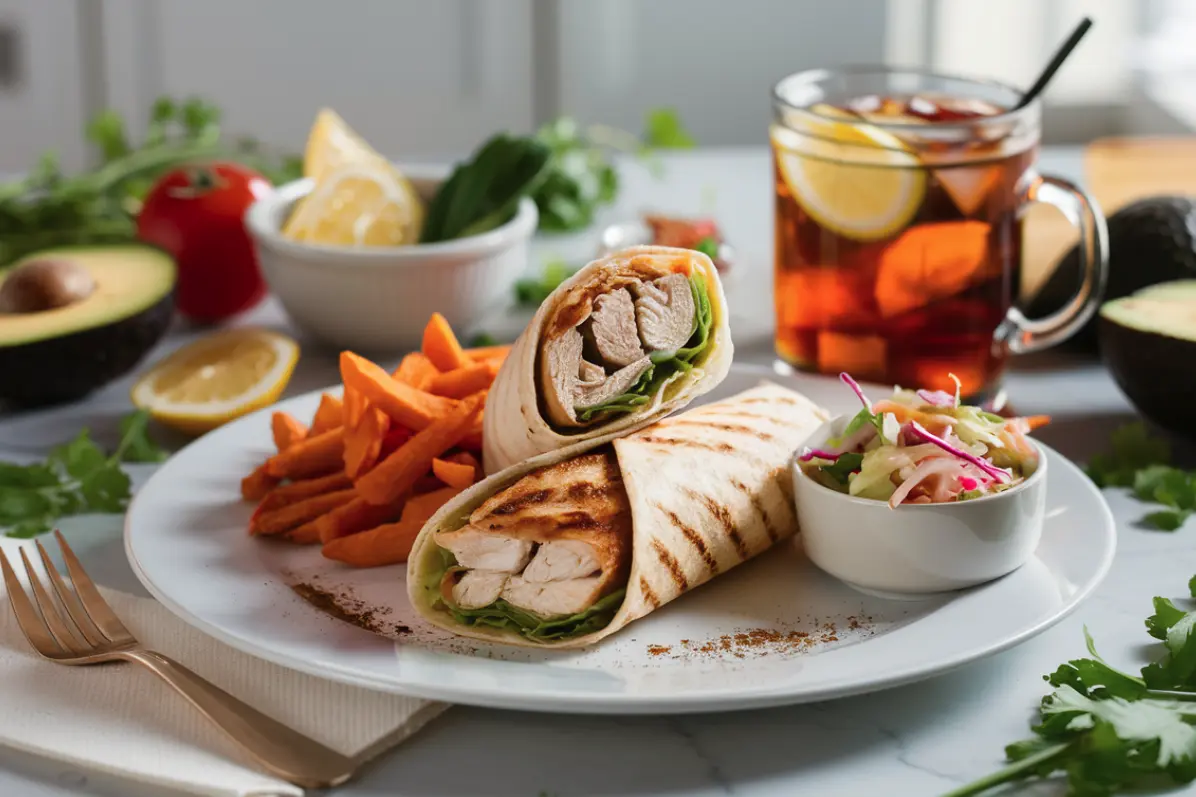 Plated Grilled Chicken Wrap with Side Dishes